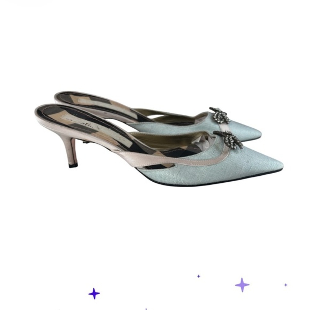 Christian Lacroix Mint Jeweled Bow Pointed Toe Mules Made in Italy 38.5